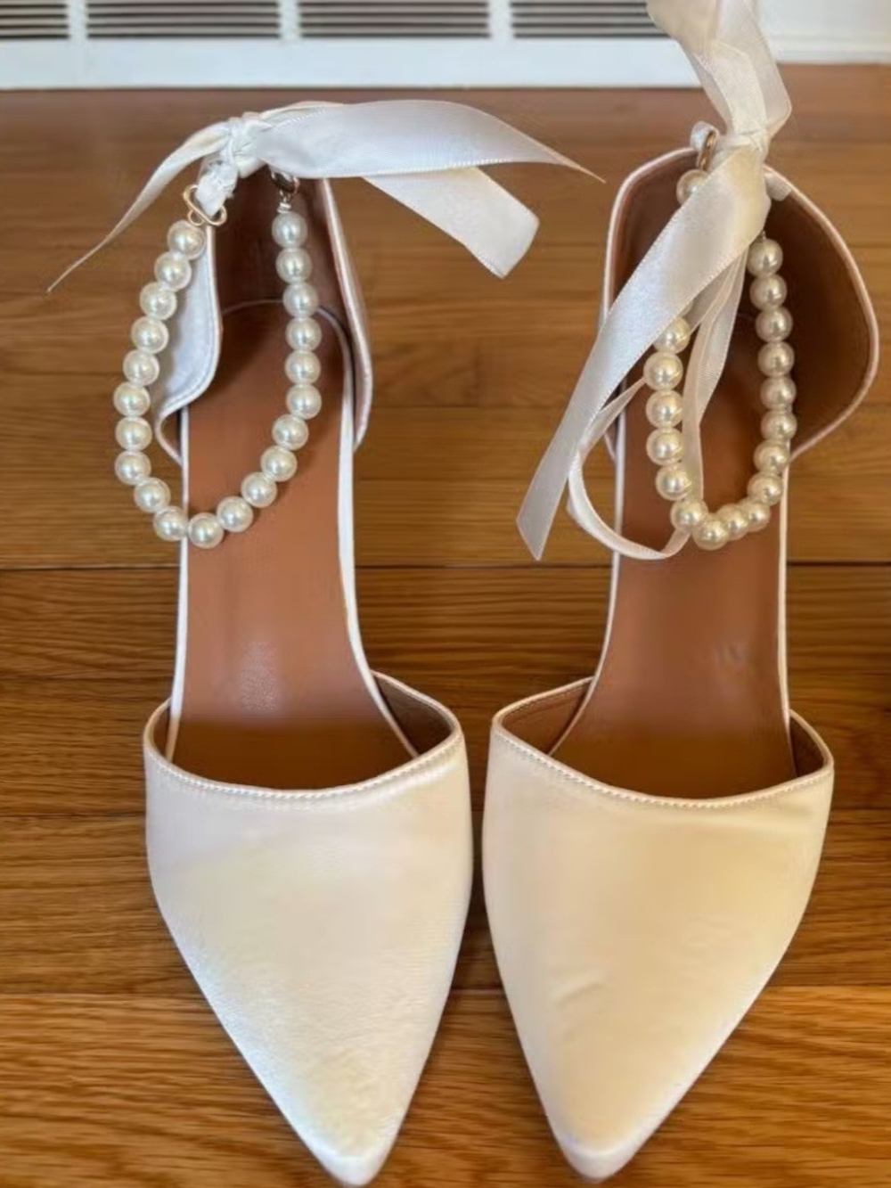 Elegant Pearl-Ankle White Pointed-Toe Heels